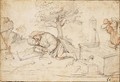 Two Peasants, One Resting By A Fountain While Another Drinks From A Flask - Federico Zuccaro