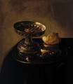 A Tazza And Bread Roll On A Pewter Plate Resting On A Draped Ledge - Jan Jansz. den Uyl