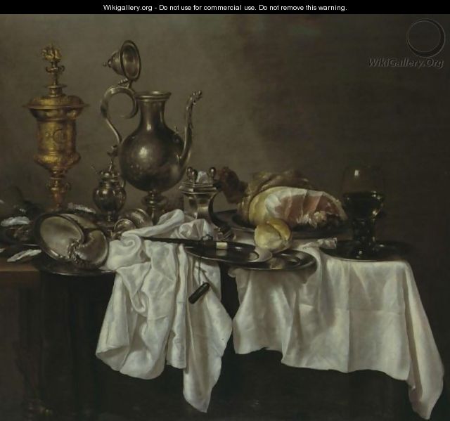 Still Life With A Silver Ewer, A Silver-Gilt Covered Cup, A Ham, A Salt, A Roemer, A Nautilus Shell And Other Objects, All On A Cloth-Draped Table - Willem Claesz. Heda
