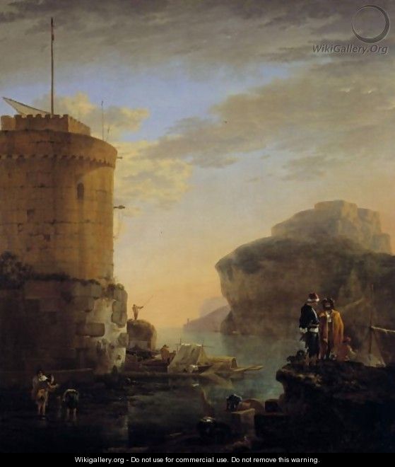 A Mediterranean Coastal View With Shipping And Mariners By A Fort - Jan Asselijn