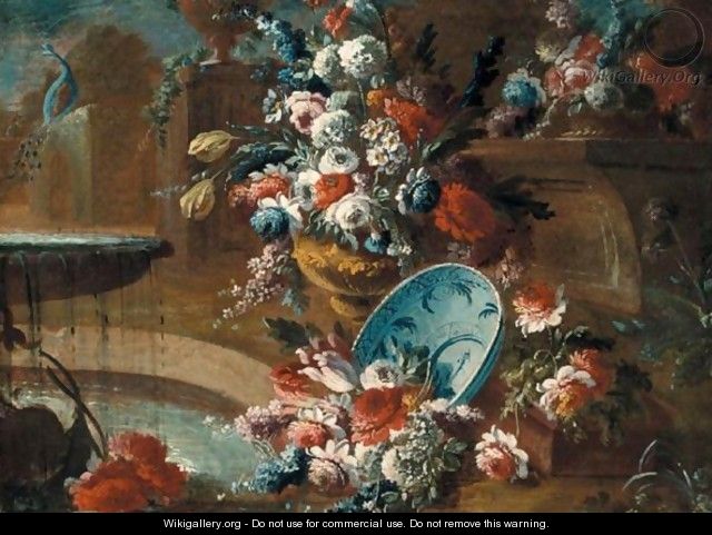 Still Life Of Flowers By A Fountain With A Peacock Beyond - (after) Gasparo Lopez