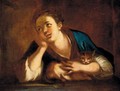 Portrait Of A Young Girl, Leaning On A Stone Ledge, With A Cat - Venetian School