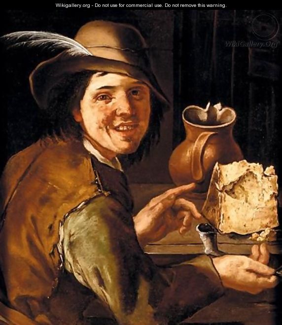 A Merry Smoker At A Table With A Large Cheese And An Earthenware Jug - (after) Giacomo Francesco Cipper