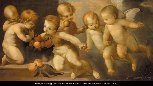 Putti Playing With A Basket Of Peaches - Guglielmo Caccia