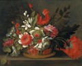 Still Life Of Flowers In A Wicker Basket Upon A Stone Ledge - (after) Bartolome Perez