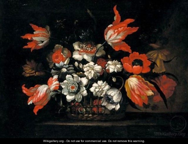 Still Life Of Tulips, Chrysanthemums, Poppies And Morning Glory In A Wicker Basket On A Stone Ledge - (after) Bartolome Perez