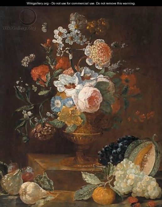 Still Life Of Flowers In A Gilt Vase, Upon A Stone Plinth, Together With Fruit - (after) Gaspar-Pieter The Younger Verbruggen