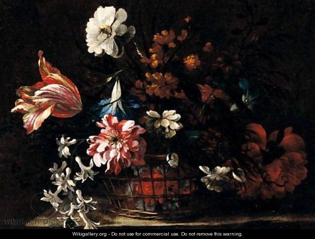 Still Life Of A Basket Of Flowers Upon A Stone Ledge - (after) Nicolas Baudesson