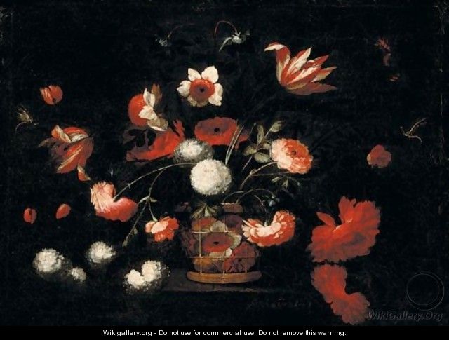 Still Life Of Various Flowers In A Basket On A Stone Ledge - Juan De Arellano