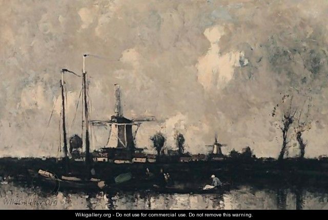 Dutch Fishing Boats With A Windmill Beyond - William Alfred Gibson