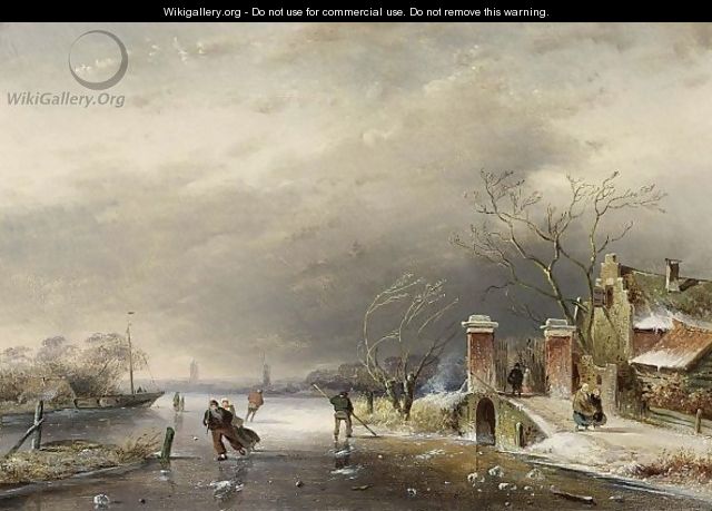 A Winter Landscape With Figures On A Frozen Waterway 2 - Charles Henri Leickert