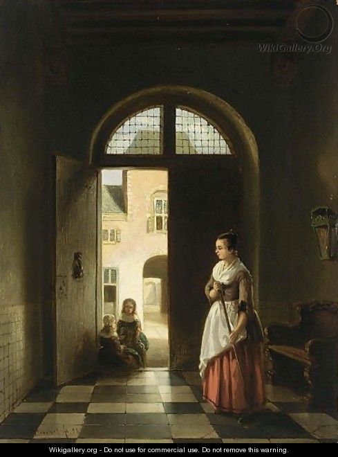 Playing Children In A Doorway - Johannes Anthonie Balthasar Stroebel