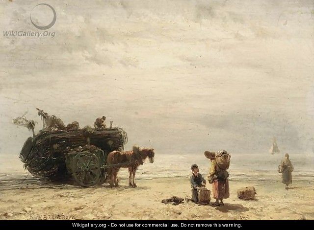 Fisherfolk On The Beach - Johannes Hermann Barend Koekkoek