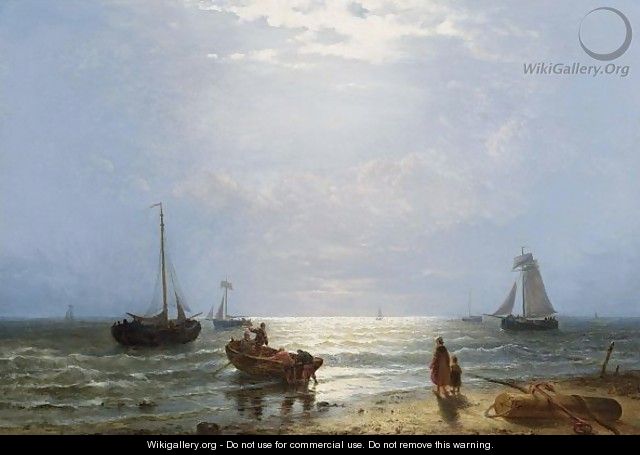 A Coastal Scene With Fisherfolk And Sailing Vessels - George Willem Opdenhoff