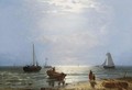 A Coastal Scene With Fisherfolk And Sailing Vessels - George Willem Opdenhoff
