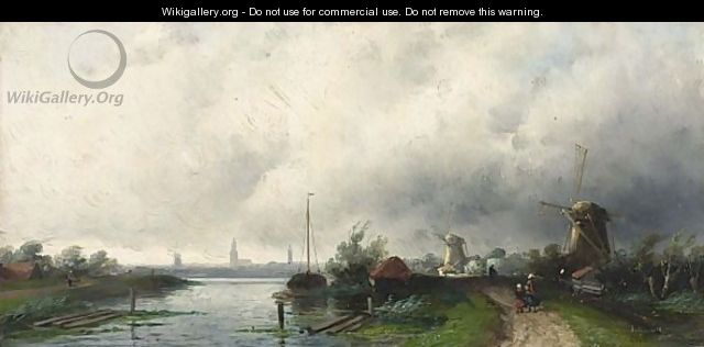A Summer Landscape With Windmills Along A Waterway - Charles Henri Leickert