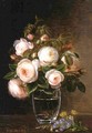 Roses In A Glass Vase With Yellow Buttercups, Forget-Me-Nots And Chickweed On A Marble Ledge - Johan Laurentz Jensen
