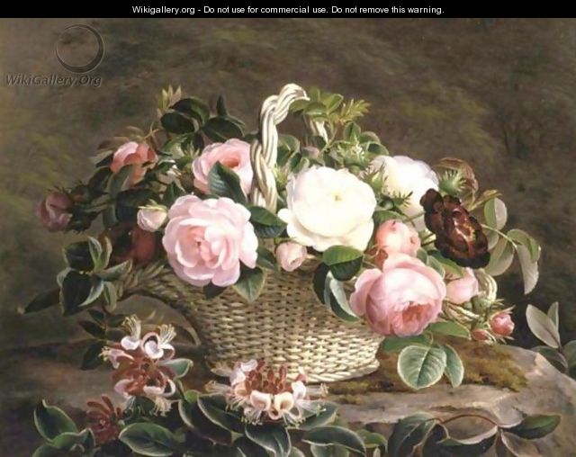 A Basket Of Pink And White And Red Roses With Honeysuckle - Johan Laurentz Jensen