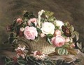 A Basket Of Pink And White And Red Roses With Honeysuckle - Johan Laurentz Jensen