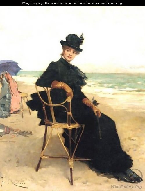 A Lady Seated On The Beach - Francisco Miralles Galup