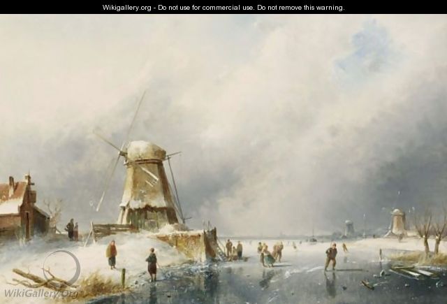A Winter Landscape With Skaters On The Ice - Charles Henri Leickert