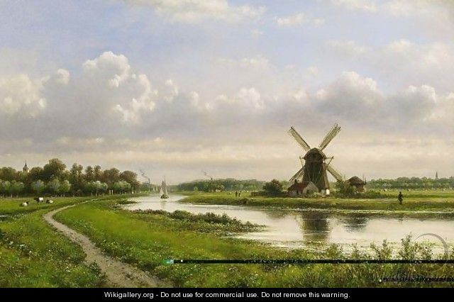 A Summer Landscape With A Windmill Along A Waterway - Lodewijk Johannes Kleijn