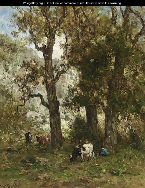 Cattle In A Wooded Landscape - Willem Roelofs