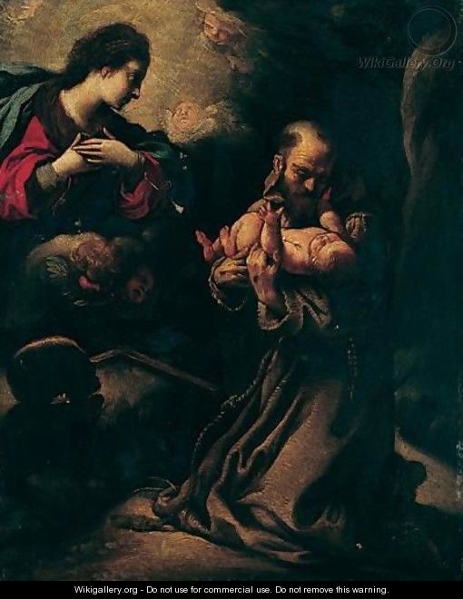 Saint Francis Of Assisi Holding The Christ Child In The Presence Of The Virgin - Emilian School