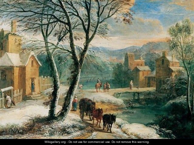 A Winter Landscape With Travellers And Waggoners Beside A River - Adriaen Frans Boudewijns