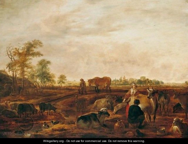 A Landscape With A Milkmaid And Man Milking A Cow Near Farm Buildings, A Man Leading A Horse On A Track Nearby, A Church And Windmill In The Distance - Cornelis Saftleven