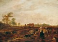 A Landscape With A Milkmaid And Man Milking A Cow Near Farm Buildings, A Man Leading A Horse On A Track Nearby, A Church And Windmill In The Distance - Cornelis Saftleven