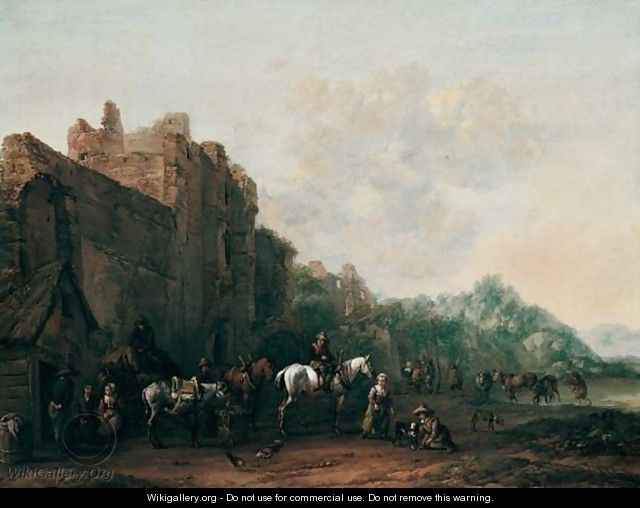 Travellers And Pack Animals Resting Before A Ruined Building, A Drover Watering His Cattle Beyond - Barend Gael or Gaal
