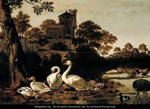 A River Landscape With Swans, Geese, Mallard, Tufted Duck And A Magpie, A Church On A Hill-Top Beyond - Dirck Wijntrack