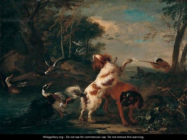River Landscape With A Huntsman Shooting Duck, Spaniels And Other Dogs In The Foreground - Adriaen de Gryef