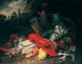 Still Life Of A Lobster, Leeks, Carrots, Radishes, Cabbage, Grapes, Oranges, Lemons, Cherries And Walnuts, Together With A Flagon Of Wine, In A Landscape Setting - Jan Pauwel Gillemans The Elder