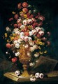 A Still Life Of Roses And Carnations In A Sculpted Urn Upon A Stone Ledge - (after) Jean-Baptiste Monnoyer