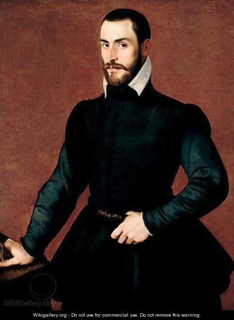 Portrait Of A Gentleman, Three-Quarter Length, Standing, Wearing Black, Holding A Glove In His Right Hand And Resting On A Table - (after) Bartolomeo Passerotti