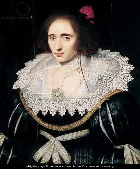 Portrait Of A Lady, Said To Be Elizabeth, Queen Of Bohemia, Wearing A Black Dress With An Elaborate Lace Ruff, And A Red Flower In Her Hair - (after) Michiel Jansz. Van Miereveldt