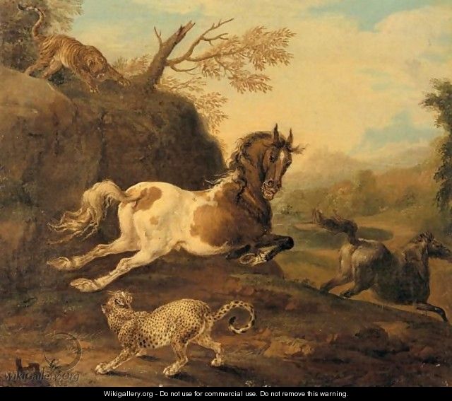 A Mountainous Landscape With A Tiger And Leopard Attacking Wild Horses - (after) Carl Borromaus Andreas Ruthart