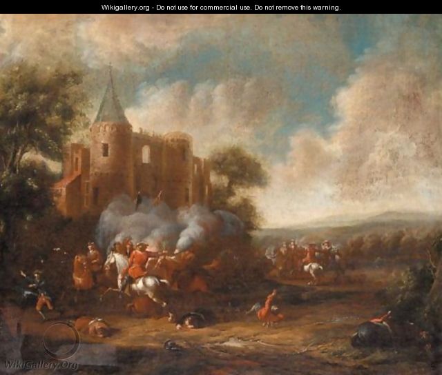 A Cavalry Engagement Before A Ruined Castle - Cornelis van Essen