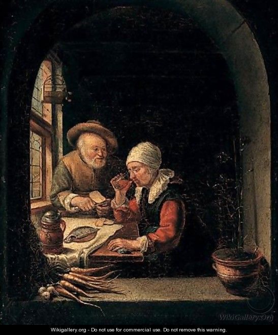 Interior Scene With An Old Couple Eating Next To A Window - (after) Frans Van The Elder Mieris