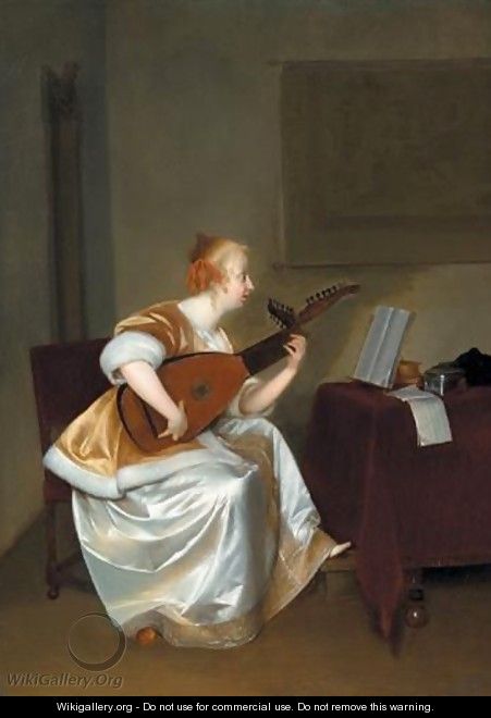 A Woman Playing A Lute - (after) Gerard Ter Borch