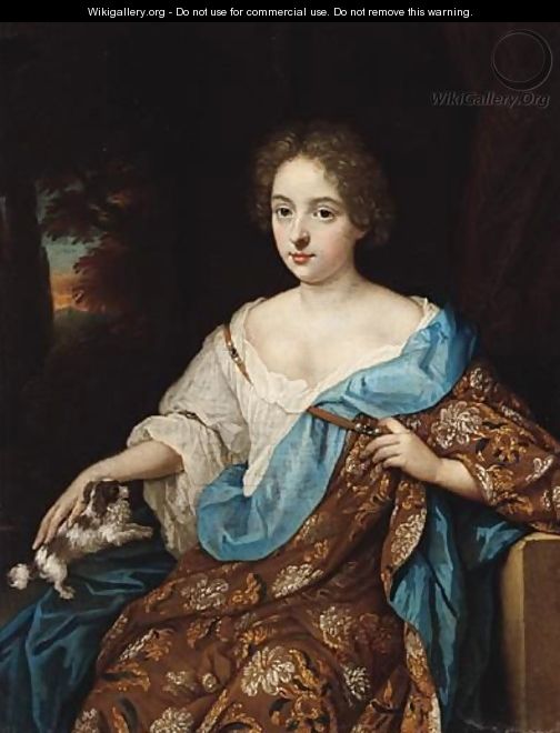 Portrait Of A Lady, Three Quarter Length, Seated, Wearing A Brown Embroidered Dress And Blue Mantle, With Her Pet Dog - (after) Constantin Netscher