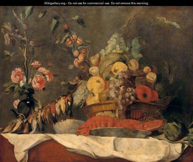 Still Life Of Fruit In A Wicker Basket, Together With A Lobster And Blue And White Porcelain Dish, Song Birds, Artichokes And A Vase Of Roses - (after) Frans Snyders