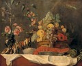 Still Life Of Fruit In A Wicker Basket, Together With A Lobster And Blue And White Porcelain Dish, Song Birds, Artichokes And A Vase Of Roses - (after) Frans Snyders