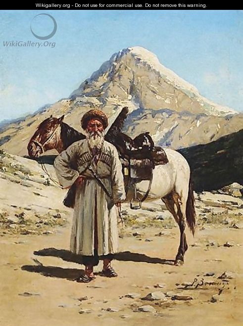 Portrait Of A Cossack By His Horse - Richard Karlovich Zommer
