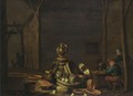 A Barn Interior With Figures Smoking At A Table, A Still Life With Kitchen Utensils And Vegetables In The Foreground - Jan Spanjaert
