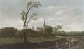 A Wooded Landscape With A Horse-Drawn Cart, A View Of A Village With A Church Tower Beyond - Esaias Van De Velde