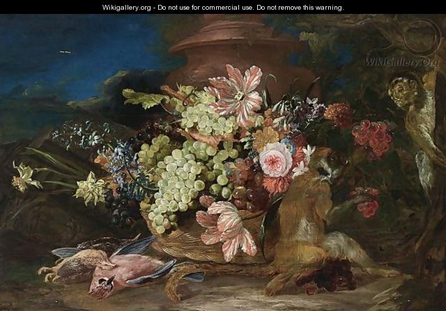 A Still Life With White And Blue Grapes, Tulips, Daffodils, Hyacinths, Roses, Morning Glory, And An Opium Poppy In A Basket, With An Eurasian Jay, A Quail And A Starling, Together With Two Monkeys In A Landscape - (after) Adriaen De Gryeff