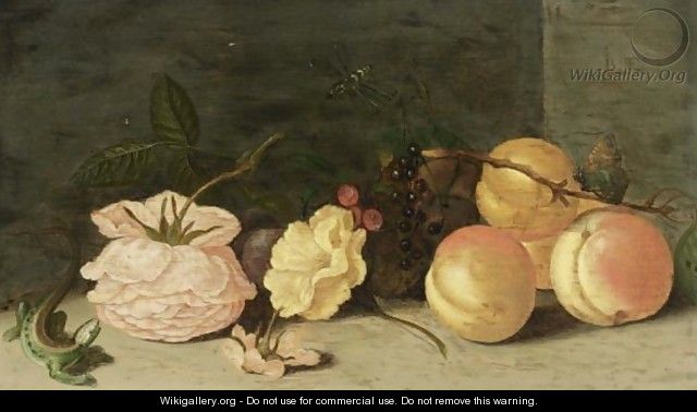 A Still Life With Peaches, Roses, Red And Black Berries, A Butterfly, A Dragonfly And A Green Lizard - Jan Baptist van Fornenburgh